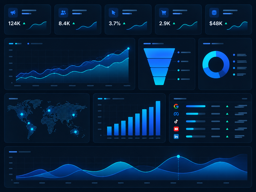 Digital marketing analytics dashboard showing campaign performance metrics and growth charts